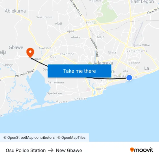 Osu Police Station to New Gbawe map