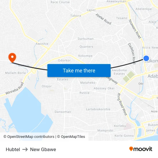 Hubtel to New Gbawe map