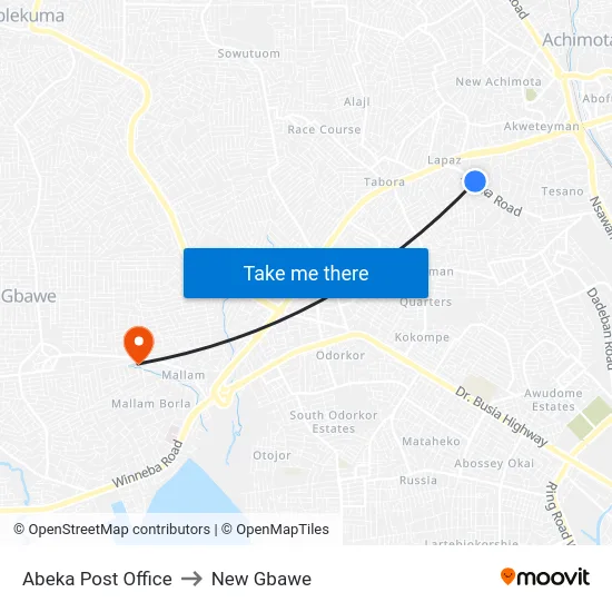 Abeka Post Office to New Gbawe map
