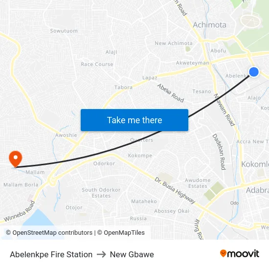 Abelenkpe Fire Station to New Gbawe map