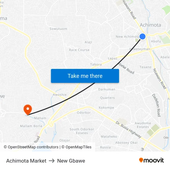 Achimota Market to New Gbawe map