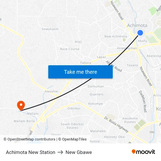 Achimota New Station to New Gbawe map
