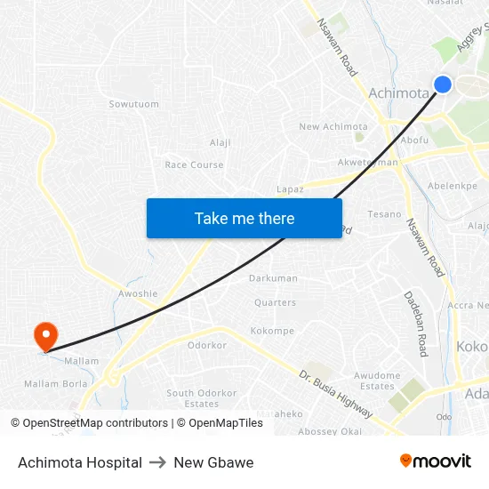 Achimota Hospital to New Gbawe map