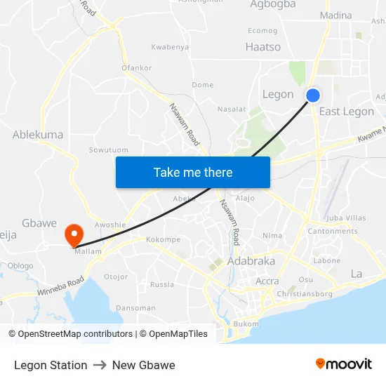 Legon Station to New Gbawe map