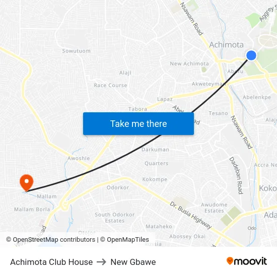 Achimota Club House to New Gbawe map