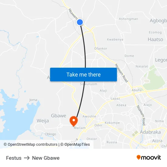 Festus to New Gbawe map