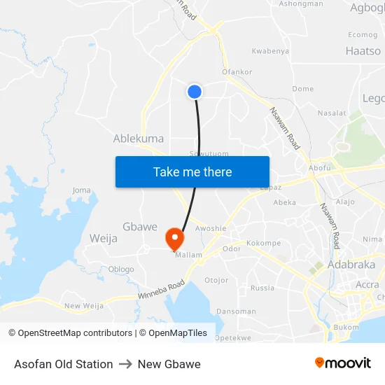 Asofan Old Station to New Gbawe map