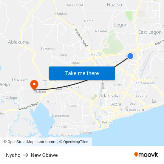 Nyaho to New Gbawe map