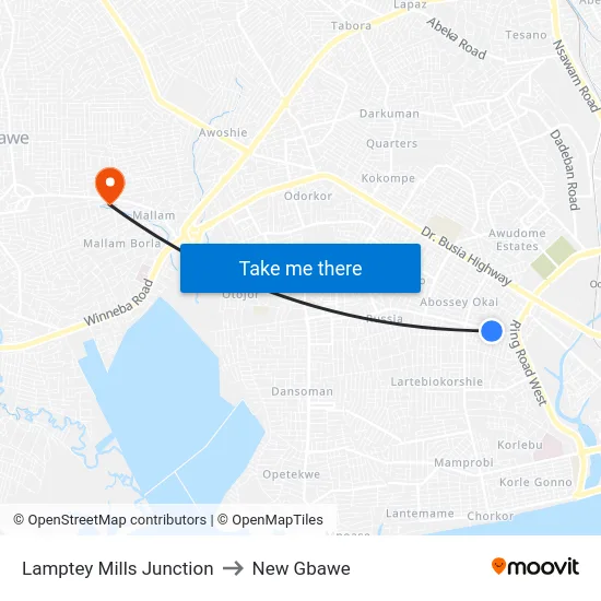 Lamptey Mills Junction to New Gbawe map