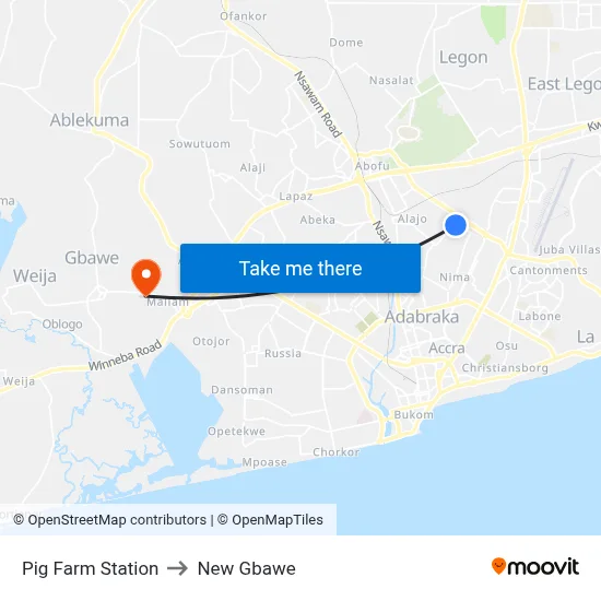 Pig Farm Station to New Gbawe map