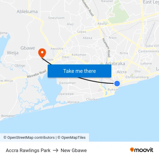 Accra Rawlings Park to New Gbawe map