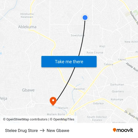 Stelee Drug Store to New Gbawe map