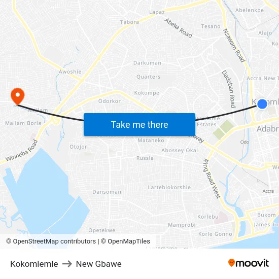 Kokomlemle to New Gbawe map