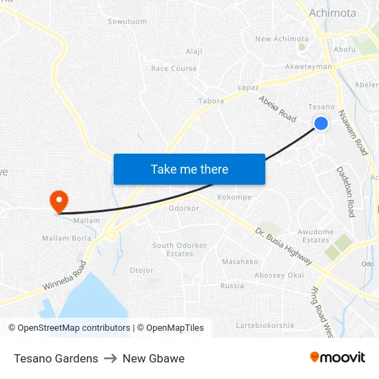 Tesano Gardens to New Gbawe map
