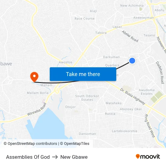 Assemblies Of God to New Gbawe map