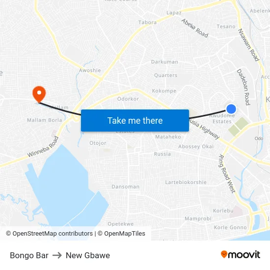 Bongo Bar to New Gbawe map
