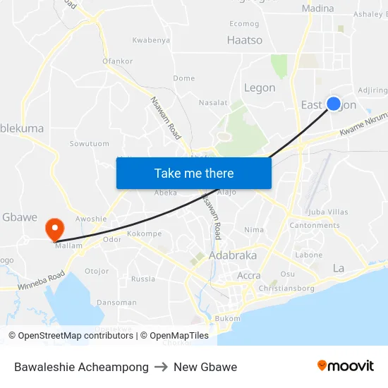 Bawaleshie Acheampong to New Gbawe map