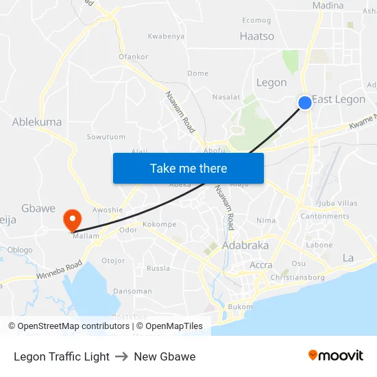 Legon Traffic Light to New Gbawe map