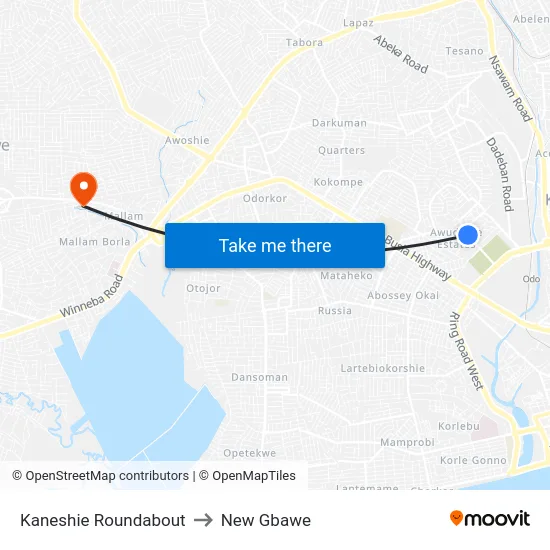 Kaneshie Roundabout to New Gbawe map