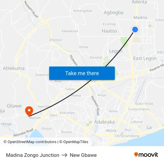 Madina Zongo Junction to New Gbawe map