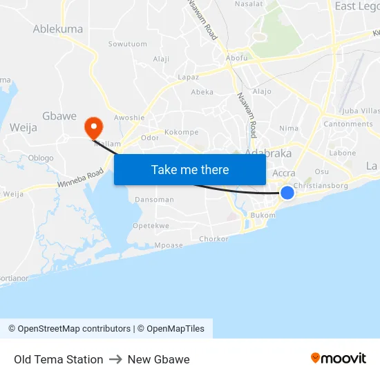 Old Tema Station to New Gbawe map