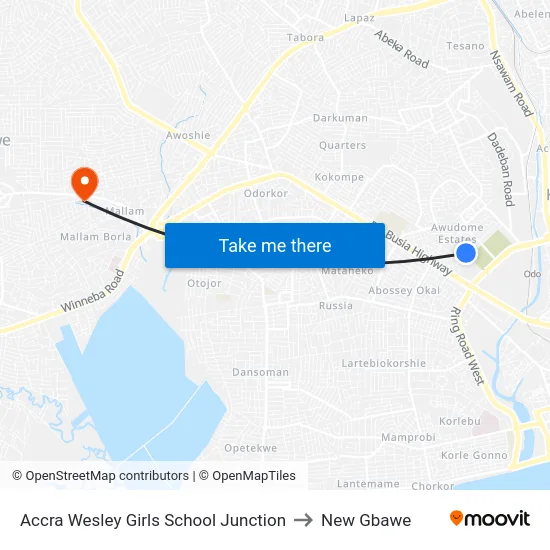 Accra Wesley Girls School Junction to New Gbawe map