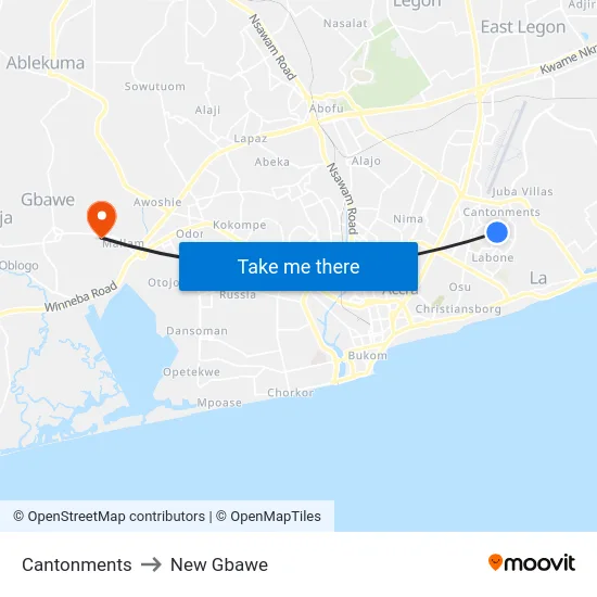 Cantonments to New Gbawe map