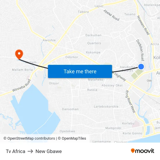 Tv Africa to New Gbawe map