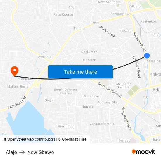 Alajo to New Gbawe map