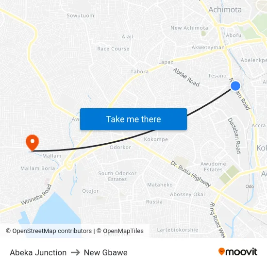 Abeka Junction to New Gbawe map