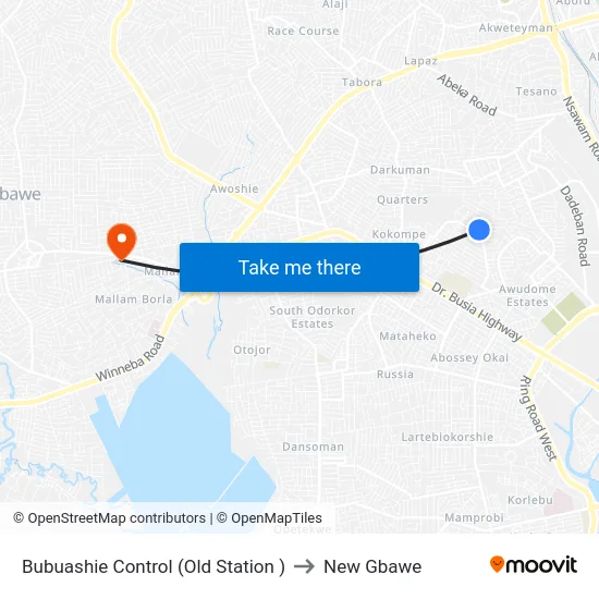Bubuashie Control (Old Station ) to New Gbawe map