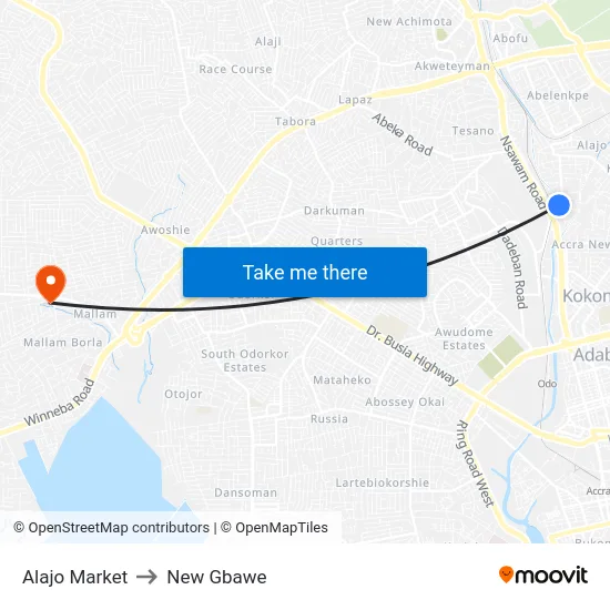 Alajo Market to New Gbawe map