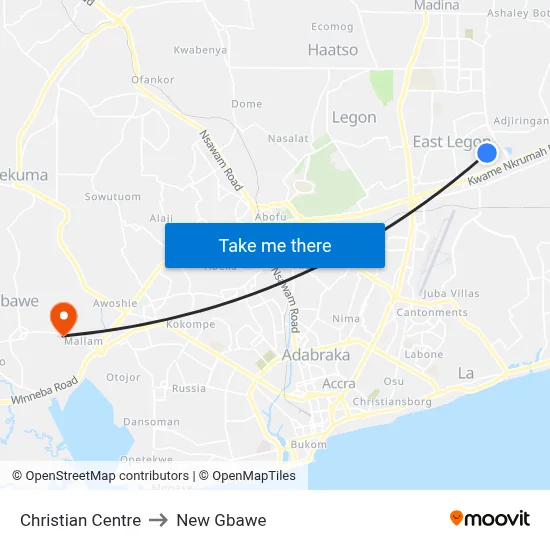 Christian Centre to New Gbawe map