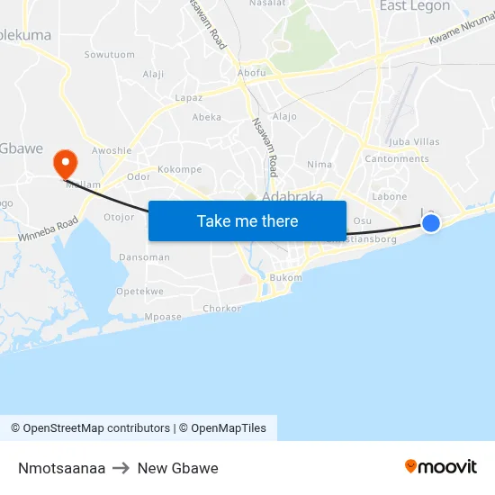 Nmotsaanaa to New Gbawe map