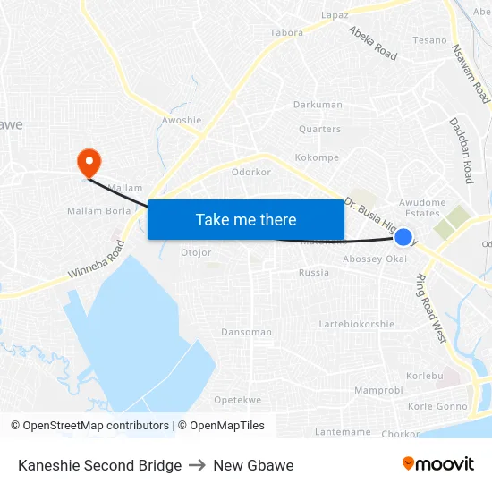 Kaneshie Second Bridge to New Gbawe map