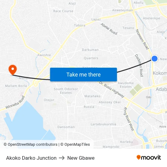 Akoko Darko Junction to New Gbawe map