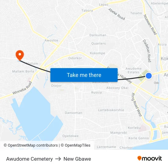 Awudome Cemetery to New Gbawe map