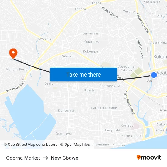 Odorna Market to New Gbawe map