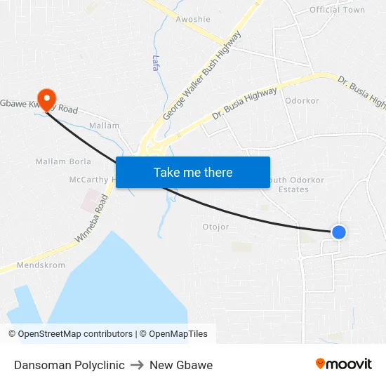 Dansoman Polyclinic to New Gbawe map