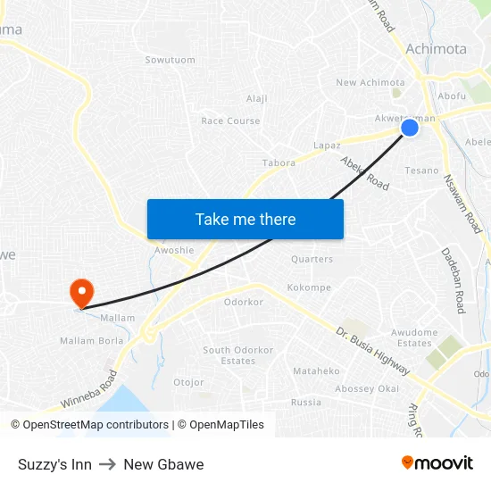 Suzzy's Inn to New Gbawe map