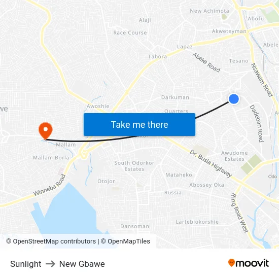 Sunlight to New Gbawe map