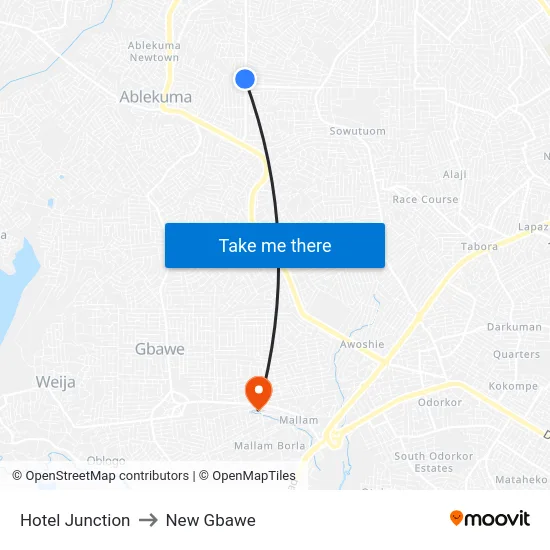 Hotel Junction to New Gbawe map