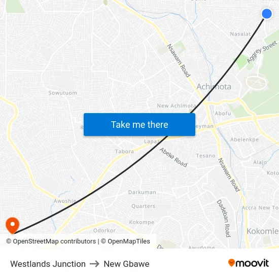 Westlands Junction to New Gbawe map