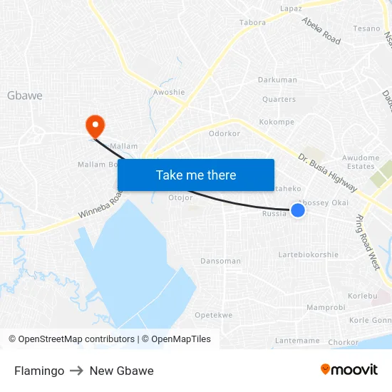 Flamingo to New Gbawe map