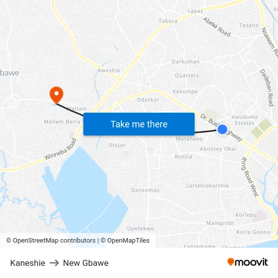 Kaneshie to New Gbawe map