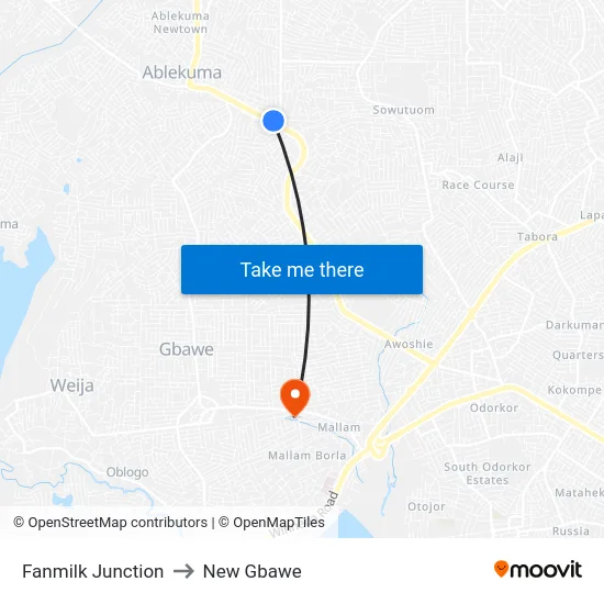 Fanmilk Junction to New Gbawe map