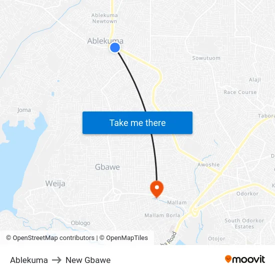 Ablekuma to New Gbawe map