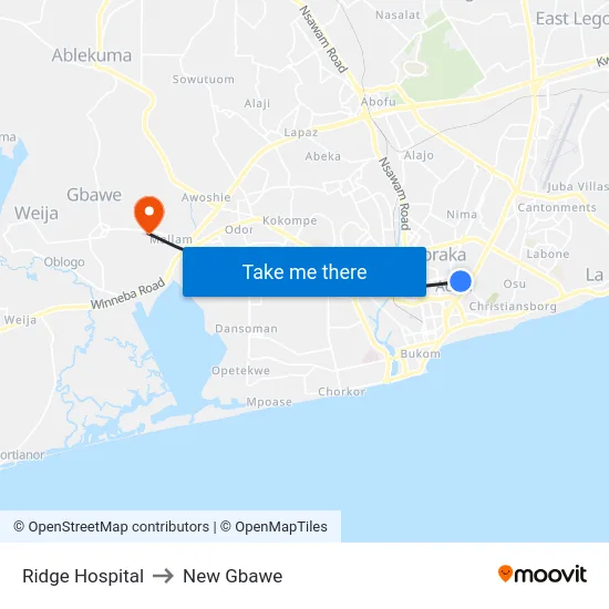 Ridge Hospital to New Gbawe map
