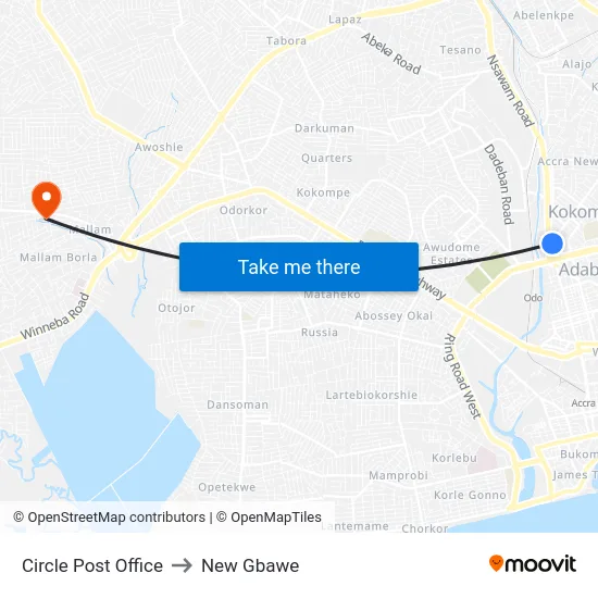Circle Post Office to New Gbawe map