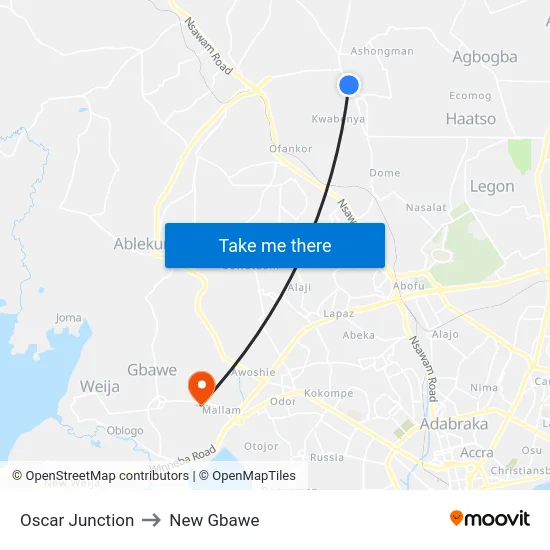 Oscar Junction to New Gbawe map
